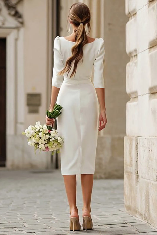 Simple Ivory Bodycon Square Neck Midi Wedding Dress with Sleeves