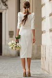 Simple Ivory Bodycon Square Neck Midi Wedding Dress with Sleeves