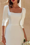 Simple Ivory Bodycon Square Neck Midi Wedding Dress with Sleeves