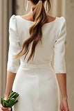 Simple Ivory Bodycon Square Neck Midi Wedding Dress with Sleeves