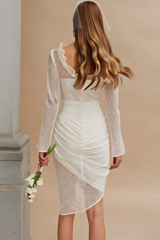 Ivory Bodycon Ruched Asymmetrical Wedding Dress with Sleeves