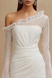 Ivory Bodycon Ruched Asymmetrical Wedding Dress with Sleeves