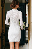 Vintage Ivory Lace High Neck Bodycon Short Wedding Dress with Sleeves
