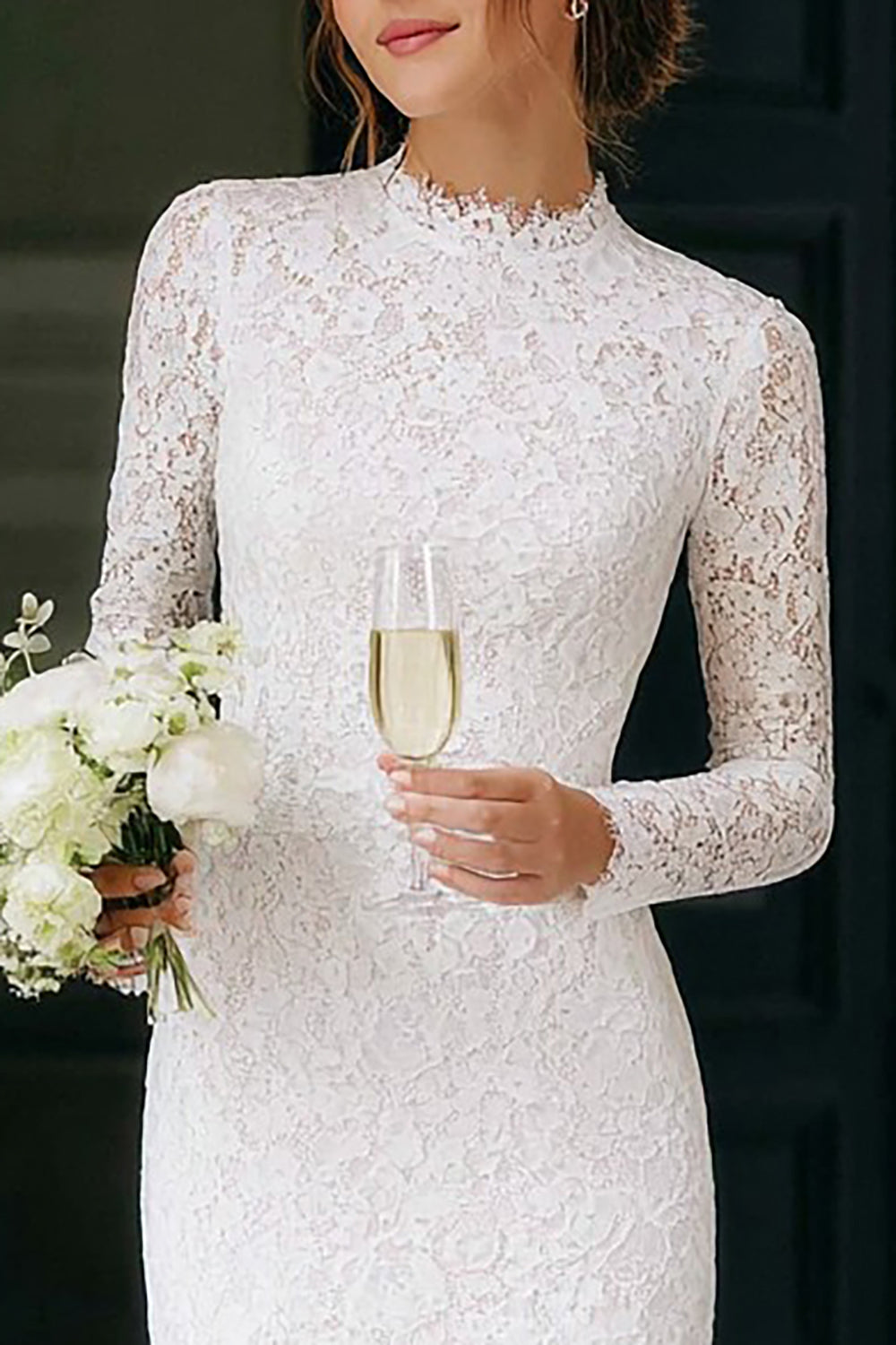 Vintage Ivory Lace High Neck Bodycon Short Wedding Dress with Sleeves