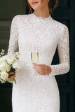 Vintage Ivory Lace High Neck Bodycon Short Wedding Dress with Sleeves