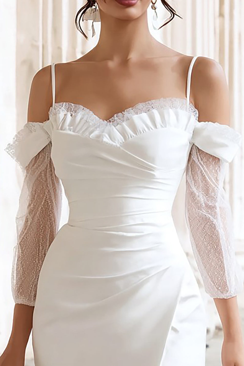 Zapakasa Women Ivory Bodycon Ruched Short Wedding Dress with Slit Lace Cold Shoulder Bachelorette Dress with Sleeves Zapakasa Women Ivory Bodycon Ruched Short Wedding Dress with Slit Lace Cold Shoulder Bachelorette Dress with Sleeves