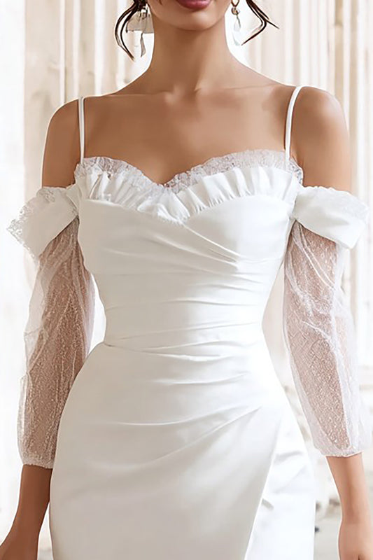 Ivory Cold Shoulder Bodycon Ruched Short Wedding Dress with Slit