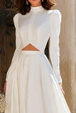 Vintage Ivory High Neck A Line Cut Out Sweep Train Wedding Dress with Sleeves