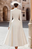 Vintage Ivory Keyhole High Neck Satin A Line Long Sleeves Wedding Dress
