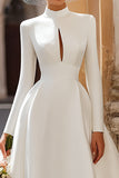 Vintage Ivory A Line High Neck Floor Length Wedding Dress with Sleeves