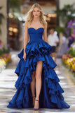 Dark Blue A-Line Ruffled Long Prom Dress with Slit