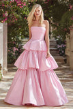 Pink Tiered Long Prom Dress with Ruffles