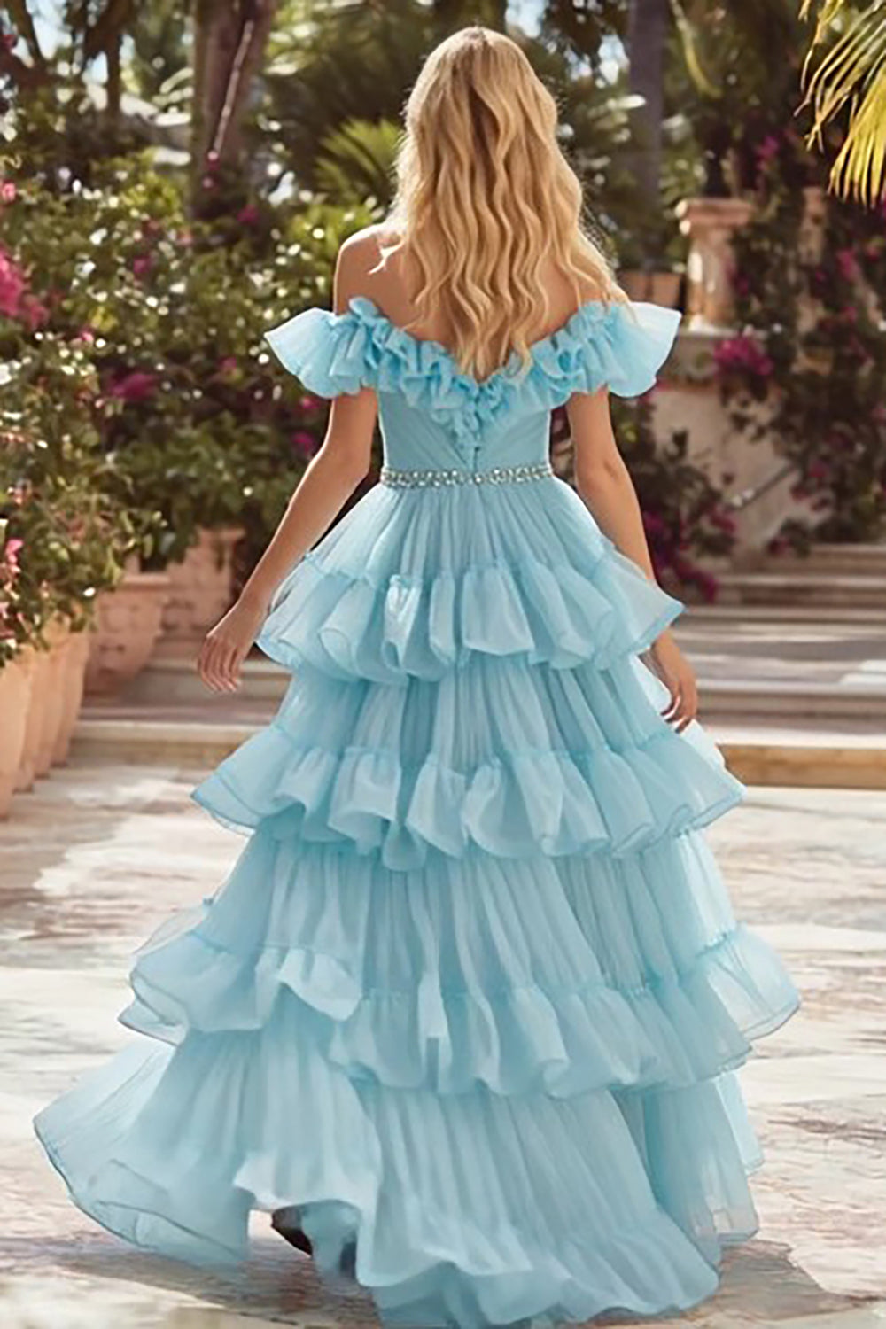 Sky Blue Sparkly Tiered Tulle Ruffled Long Prom Dress with Rhinestones