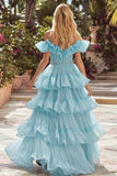 Sky Blue Sparkly Tiered Tulle Ruffled Long Prom Dress with Rhinestones