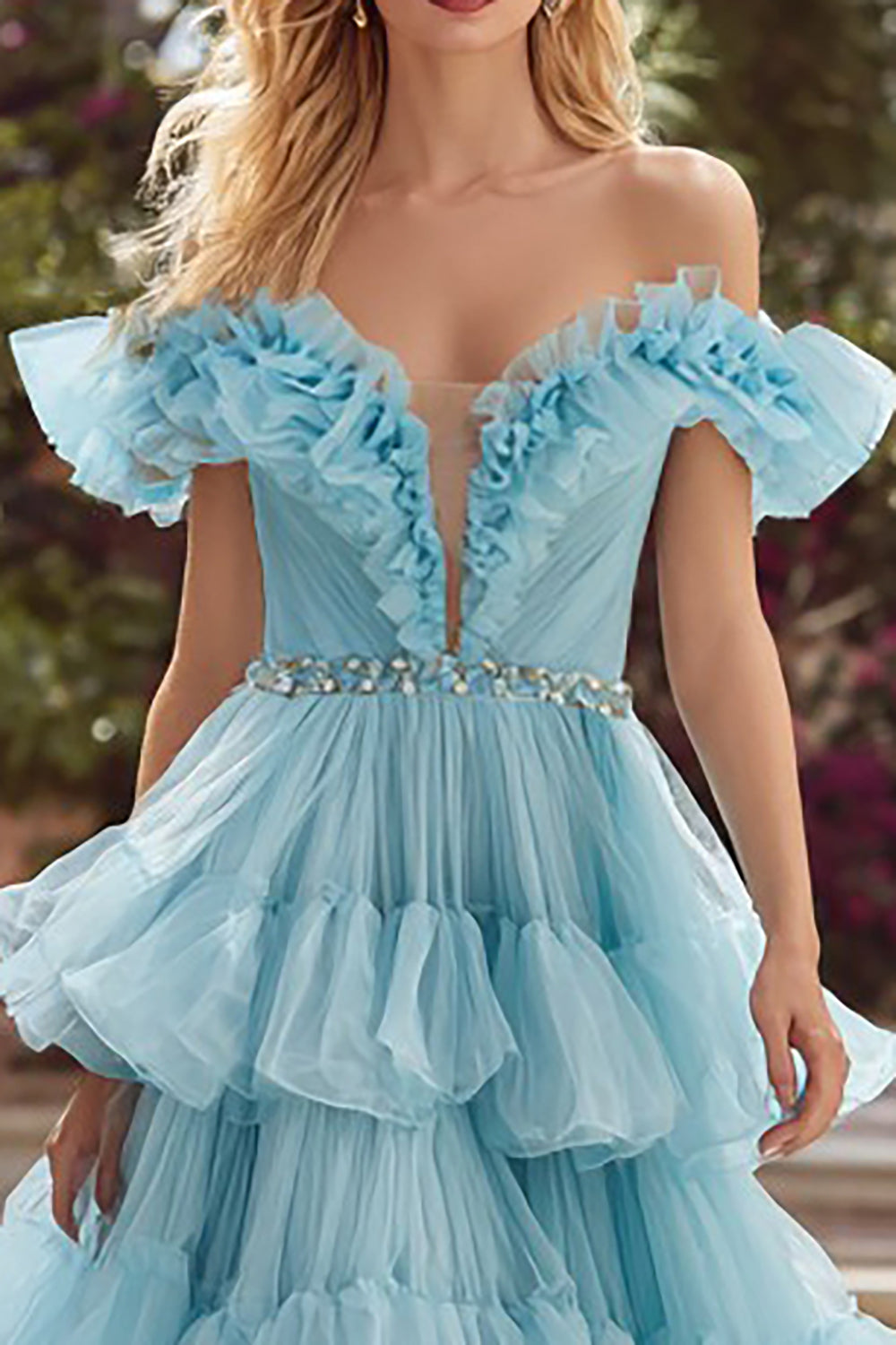 Sky Blue Sparkly Tiered Tulle Ruffled Long Prom Dress with Rhinestones