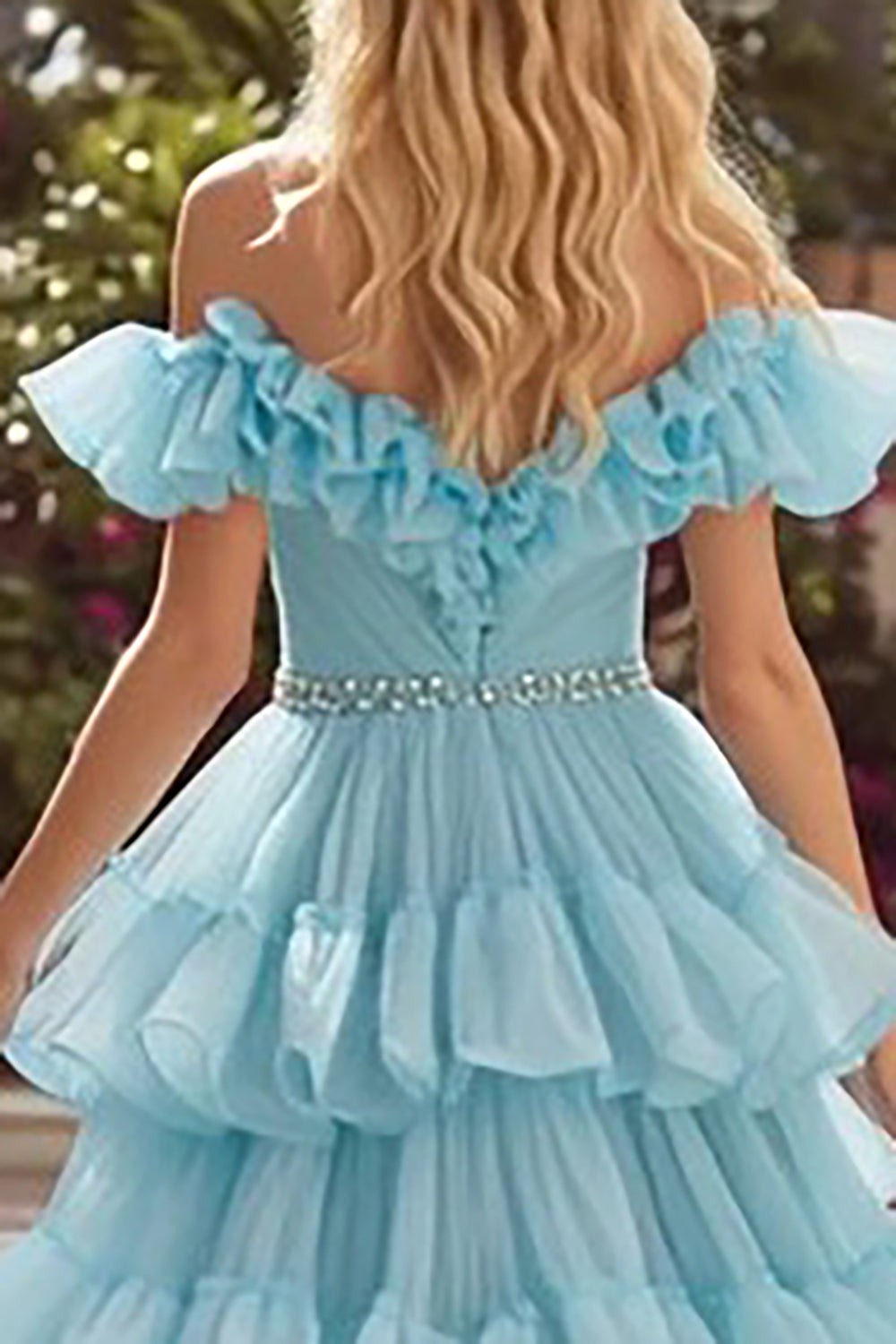 Sky Blue Sparkly Tiered Tulle Ruffled Long Prom Dress with Rhinestones