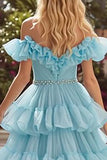 Sky Blue Sparkly Tiered Tulle Ruffled Long Prom Dress with Rhinestones