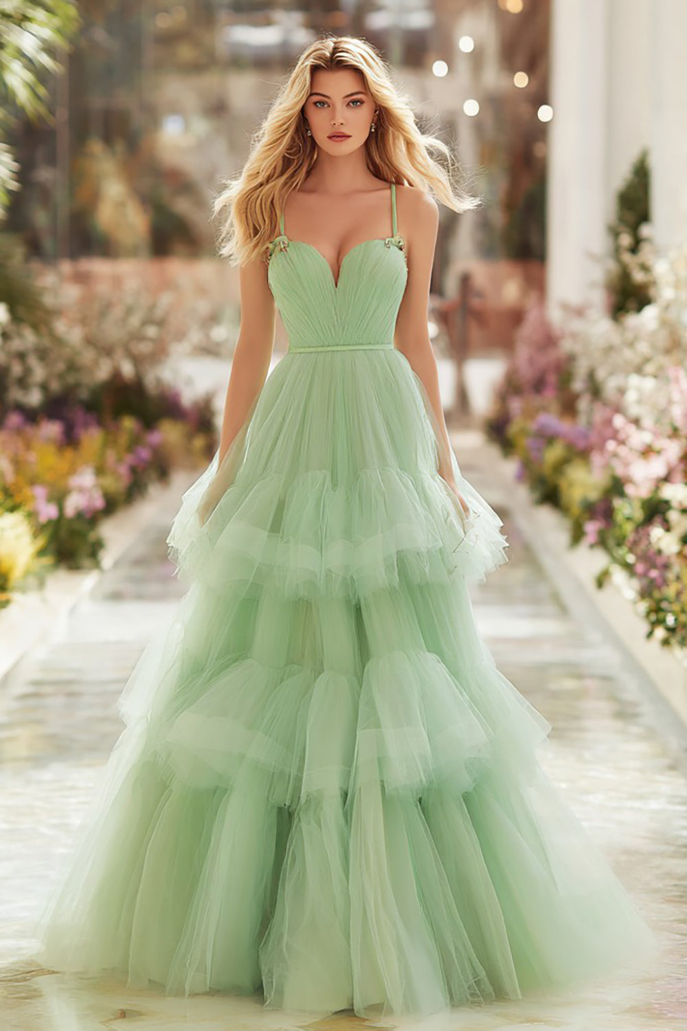 Light Green Tiered Ruffled Long Princess Prom Dress