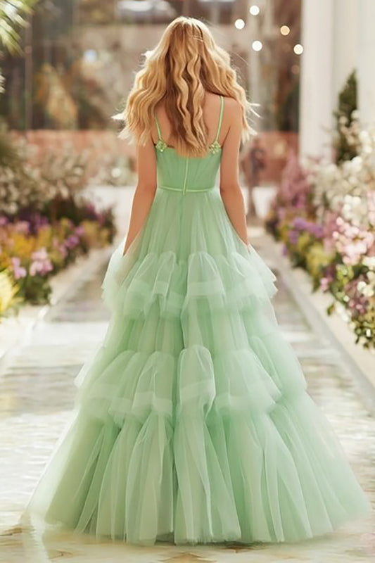Light Green Tiered Ruffled Long Princess Prom Dress