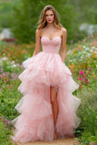 Light Pink Corset Tiered Tulle Long Prom Dress with Slit