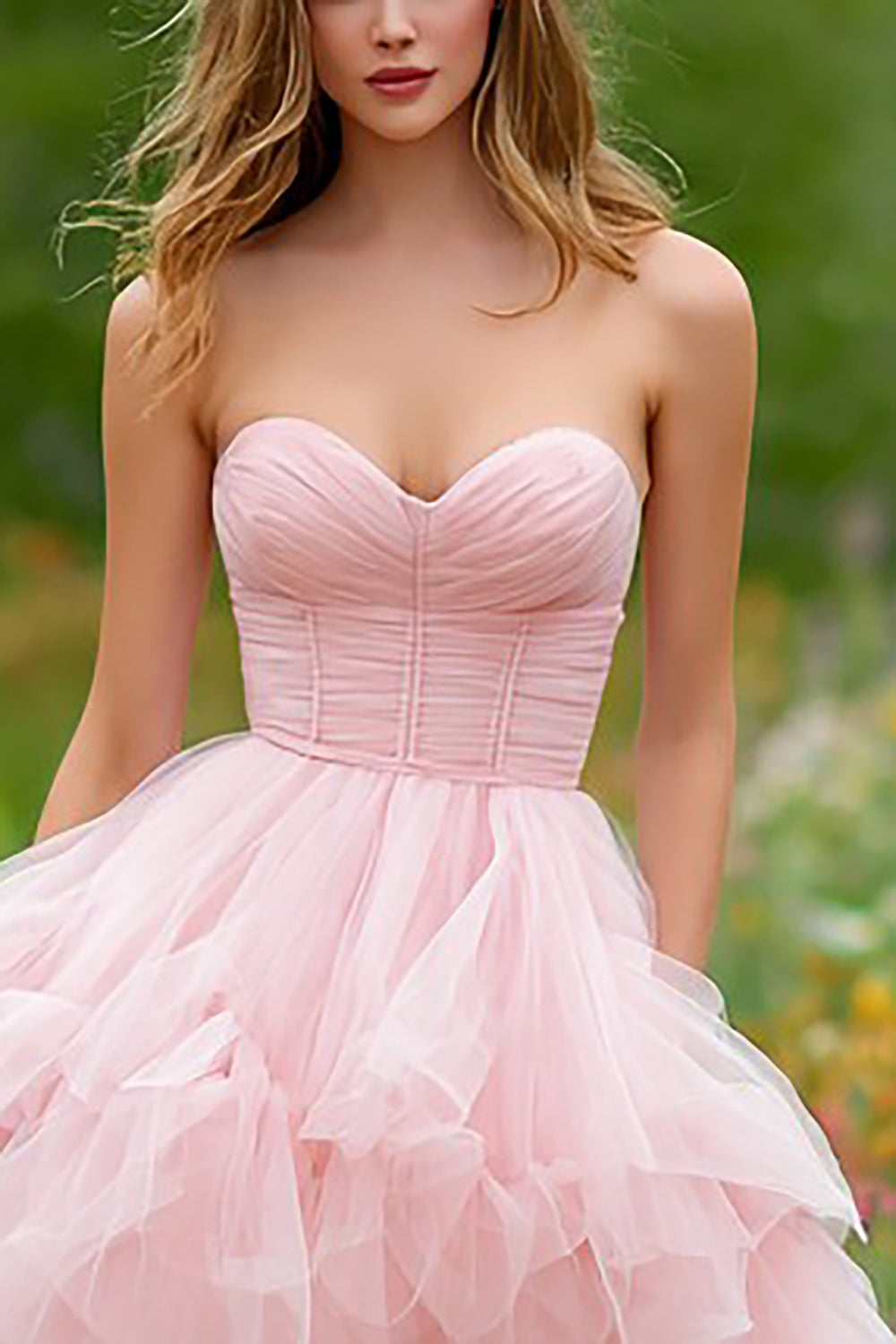 Light Pink Corset Tiered Tulle Long Prom Dress with Slit