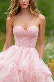 Light Pink Corset Tiered Tulle Long Prom Dress with Slit