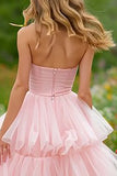 Light Pink Corset Tiered Tulle Long Prom Dress with Slit