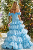 Sky Blue Tiered Ruffled Long Prom Dress with Pleats