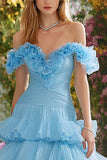 Sky Blue Tiered Ruffled Long Prom Dress with Pleats