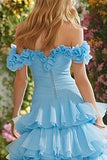 Sky Blue Tiered Ruffled Long Prom Dress with Pleats