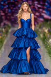 Dark Blue Tiered Ruffled Long Prom Dress with Slit