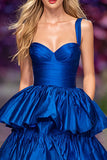 Dark Blue Tiered Ruffled Long Prom Dress with Slit