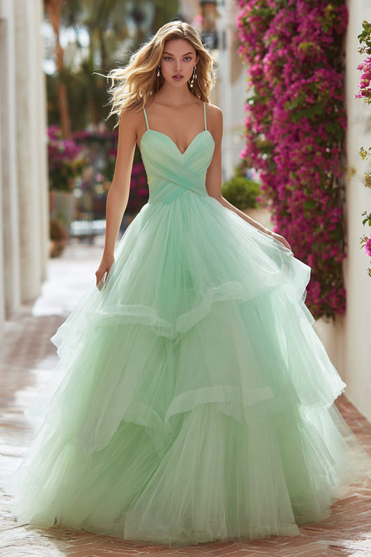 Light Green Tiered Tulle Long Prom Dress with Ruffles