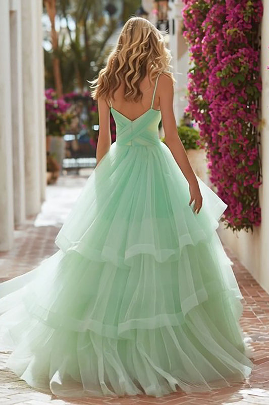 Light Green Tiered Tulle Long Prom Dress with Ruffles