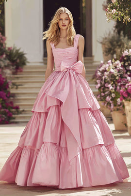 Pink Tiered Ruffled Long Prom Dress With Bow