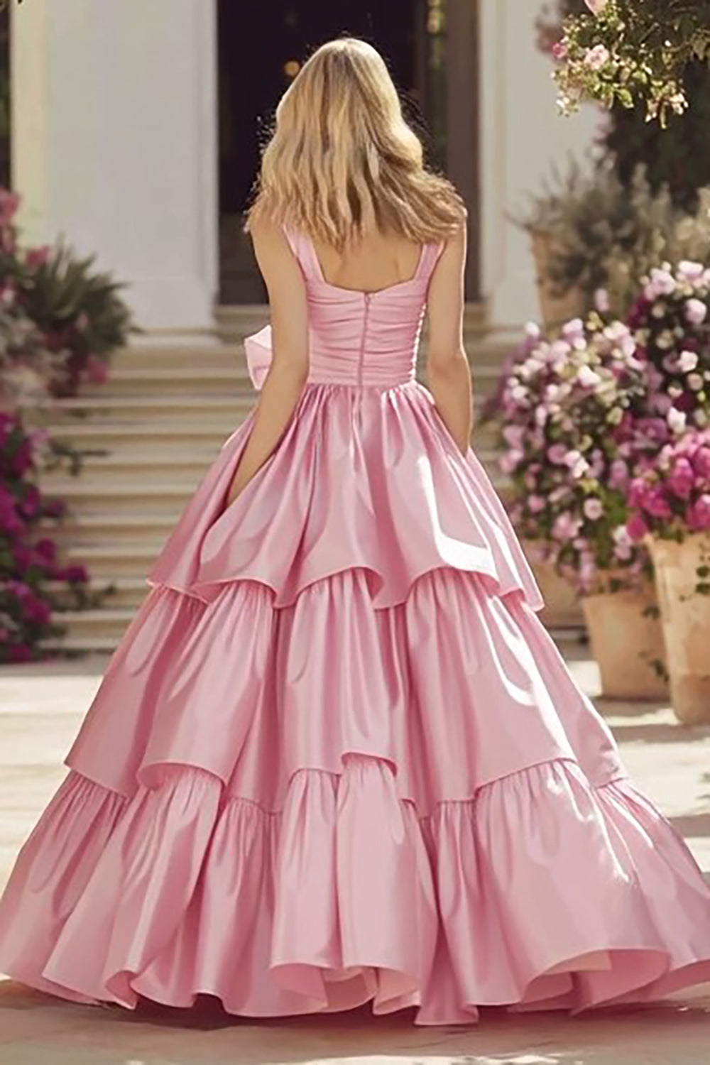 Pink Tiered Ruffled Long Prom Dress With Bow