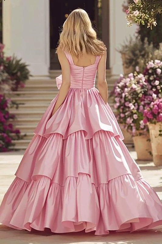 Pink Tiered Ruffled Long Prom Dress With Bow