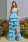 Sky Blue Tiered Ruffled Long Prom Dress with Slit