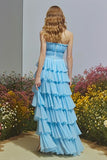 Sky Blue Tiered Ruffled Long Prom Dress with Slit