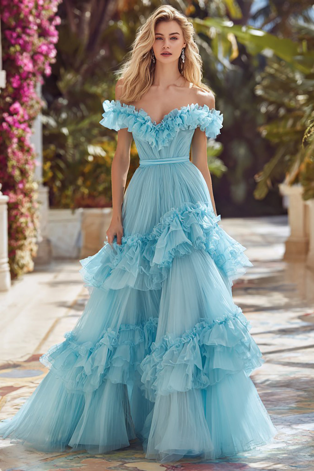 Sky Blue Tiered Princess Long Prom Dress with Ruffles