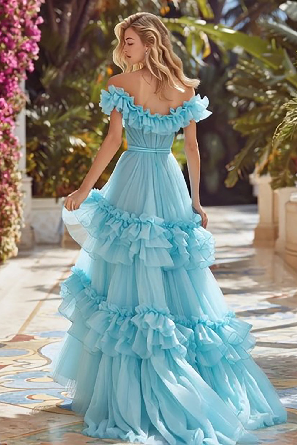 Sky Blue Tiered Princess Long Prom Dress with Ruffles