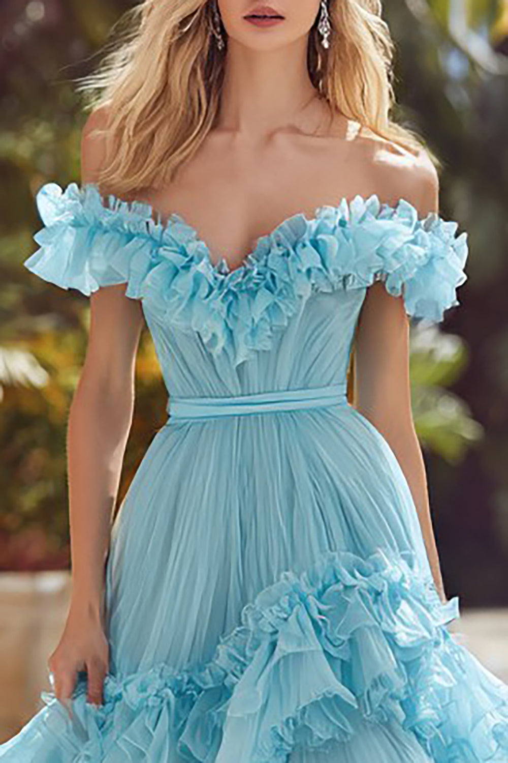 Sky Blue Tiered Princess Long Prom Dress with Ruffles