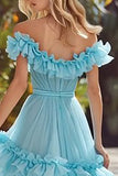 Sky Blue Tiered Princess Long Prom Dress with Ruffles
