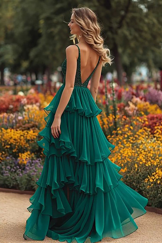 Sparkly Dark Green Tiered Ruffled Long Prom Dress with Slit