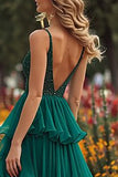 Sparkly Dark Green Tiered Ruffled Long Prom Dress with Slit