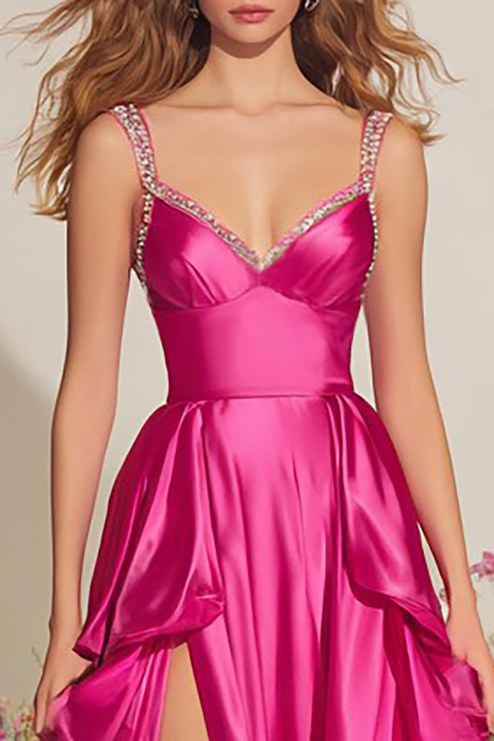 Sparkly Fuchsia Ruffled Long Prom Dress with Slit