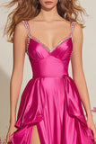 Sparkly Fuchsia Ruffled Long Prom Dress with Slit