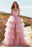 Pink Tiered Long Ruffled Prom Dress with Slit