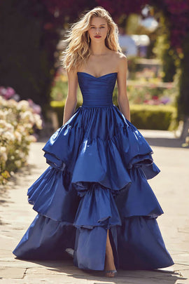 Dark Blue Tiered Long Ruffled Prom Dress with Slit