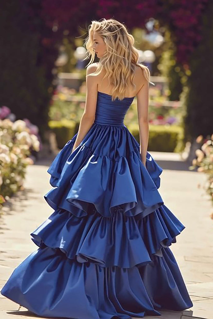 Zapakasa Women Dark Blue Tiered Long Prom Dress with Slit Strapless